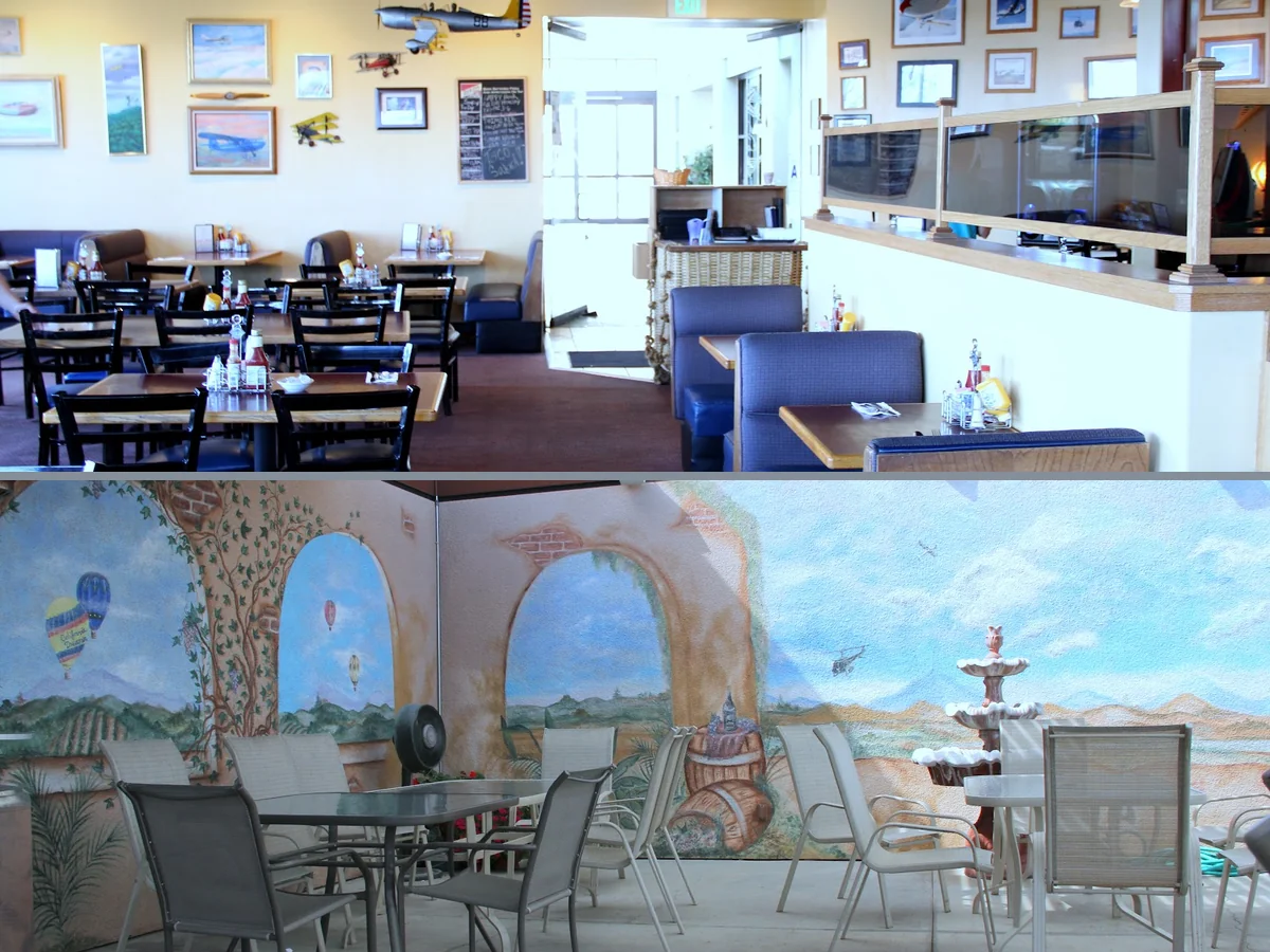 Dining room with tables beside airport windows.