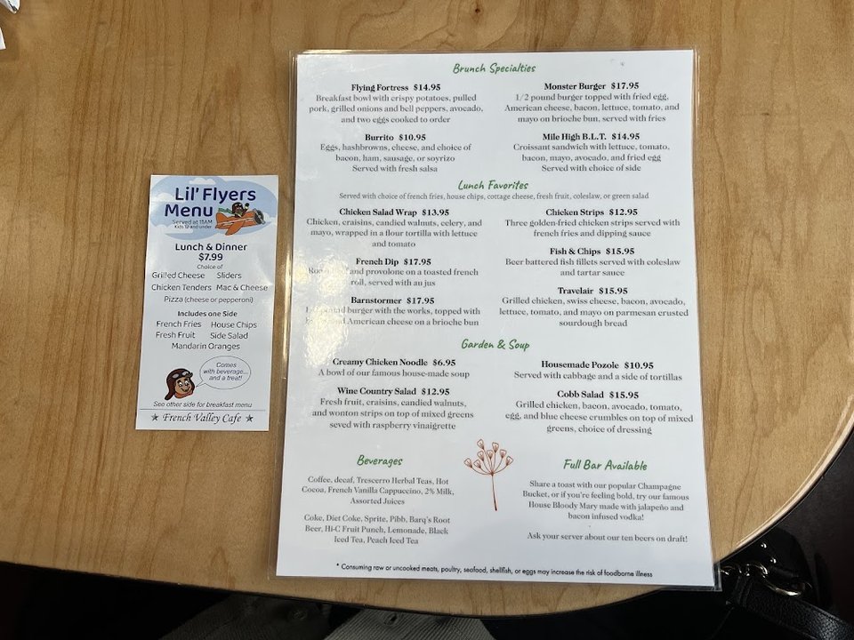 Breakfast menu page with eggs and hashbrowns.